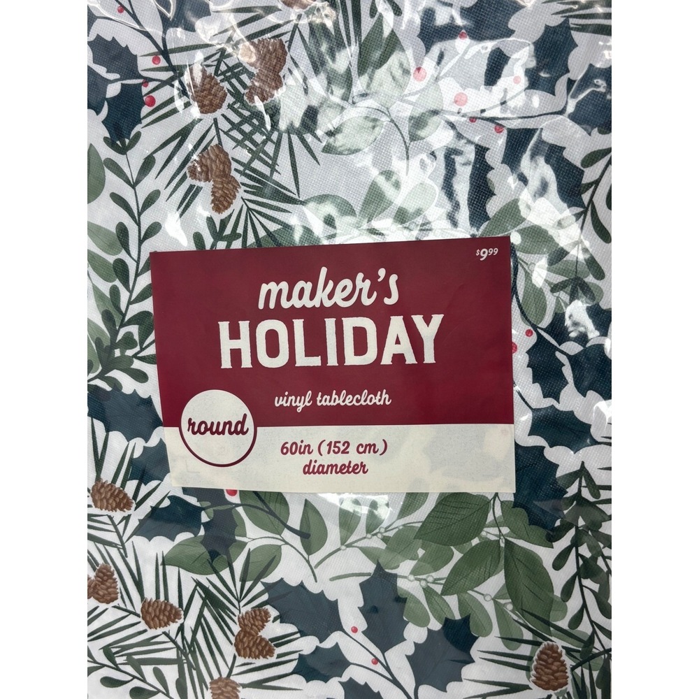 Maker's Holiday Round Vinyl Tablecloth 60in Christmas Pinecone Holly Festive - Picture 2 of 6